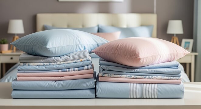 Stack of folded bed linen with pillows on a table in the bedroom. Clean bedding, pastel sheets and textile decor for home comfort. Bedroom organization and interior design concept.