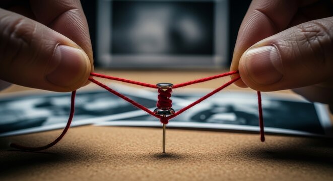 Person holding red thread wrapped around thumb tack on cork board. Detective investigation board with evidence photos. Concept of connecting facts, solving mystery and criminal case analysis.
