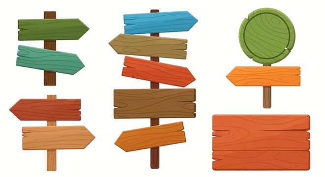 Colorful collection of rustic wooden direction signs, arrow pointers, and blank message boards, graphic elements for guidance.
