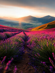 Obraz premium Lavender field sunrise mountain valley vibrant purple flower scenic landscape summer nature beauty