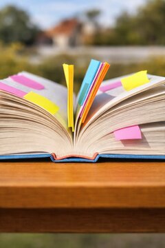 Open book with colorful sticky notes marking pages, placed on a wooden table outdoors. Concept of study, education, research, reading habits, organization, learning process and academic preparation.