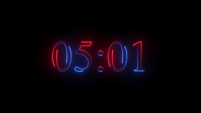 Glowing neon colorful 10 minute countdown animation from 600 seconds to 10 minute countdown timer on a black background. 4k video.