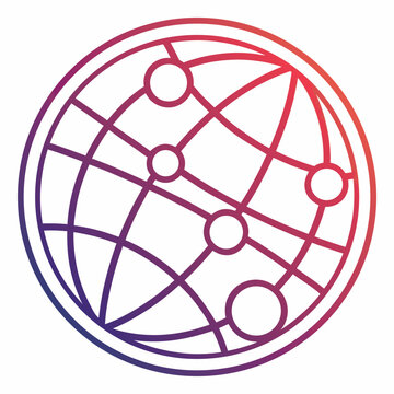 Double bordered circular frame enclosing spherical networking grid with points of interest representing regional hubs in global marketing strategy