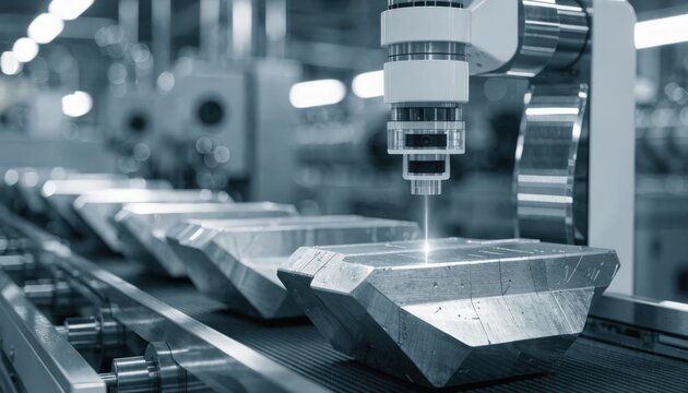 Medium shot of AIpowered vision system scanning microdefects on cutting edges along an automated belt line in a hightech industrial setting.