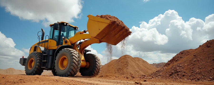 Yellow excavator loader moves soil on construction site. Earth is dumped from bucket under blue cloudy sky. Heavy machinery works on new project, land development.