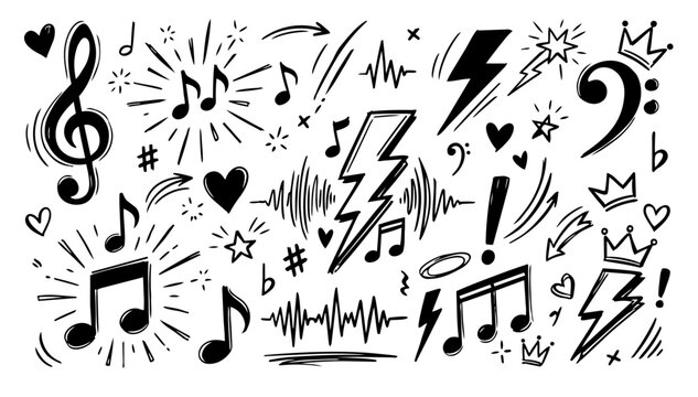 Hand drawn doodle vector set of bold music icon scribbles in playful expressive ink pen style with strong black outlines isolated on white background