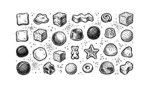 Hand-drawn assorted candy and sweets sketch illustration