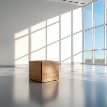 Wooden block white room sunlight large window minimal modern empty interior geometric shadow. wooden block sits bright white room with sunlight