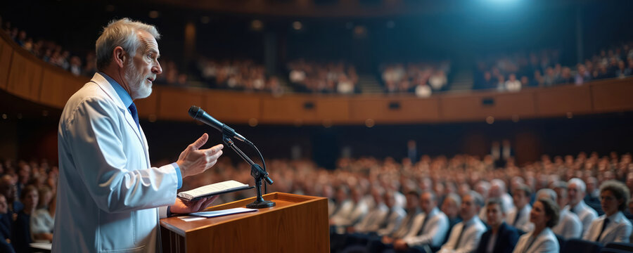 Elderly man in white coat gives speech at medical conference. He stands at podium addressing crowd in auditorium. Healthcare professionals listen attentively.