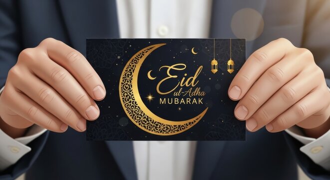 Eid al-Adha Mubarak greeting card held by man in suit, elegant gold crescent moon on black invitation, Islamic holiday celebration card
