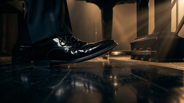 A stylish man's shoe reflecting the piano's elegance. The shiny shoe is on the reflective surface with the piano in background