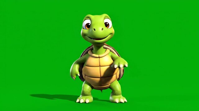 A cheerful cartoon turtle character dancing with an animated green screen background which is suitable for children's education which is cute and entertaining for children