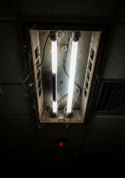 Old fluorescent ceiling light fixture covered in spider cobwebs. Abandoned office interior with worn lighting. Concept of decay, neglect, renovation and dark spooky room atmosphere.