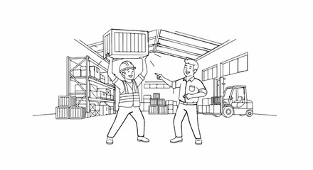Fototapeta premium Two men working in a warehouse with a forklift and shelves of boxes