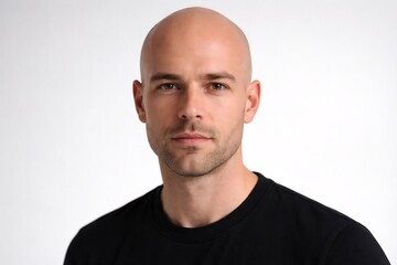 Obraz premium Bald man in a black t shirt with a direct, confident gaze, conveying determination, focus and calm strength in a clean studio headshot on white background