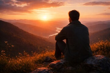 Obraz premium Solitary man sitting on a rock, observing the expansive mountain valley and a winding river bathed in the warm, golden light of sunset, symbolizing peace and contemplation