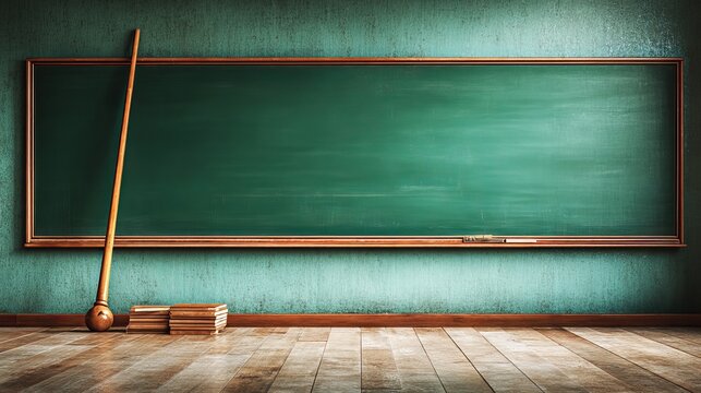 A large empty green chalkboard in a classroom with a wooden floor and a stack of books