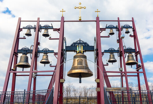 Close-up of carillon of bells located at the Saint Menas (Sf&acirc;ntul Mina) Monastery in the village of Roșiori, Suceava County, Romania. It is an electrically operated bell tower