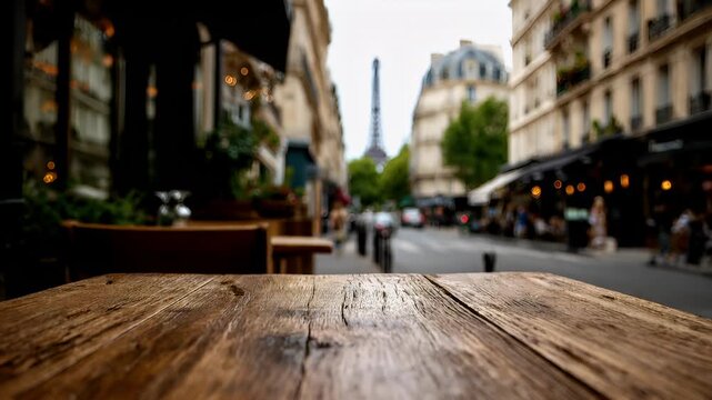 Spring Summer outdoor leisure relaxation activity. A vivid, bokehstyle photograph captures a Parisian street scene. The main subject is a wooden table with a weathered, aged surface.