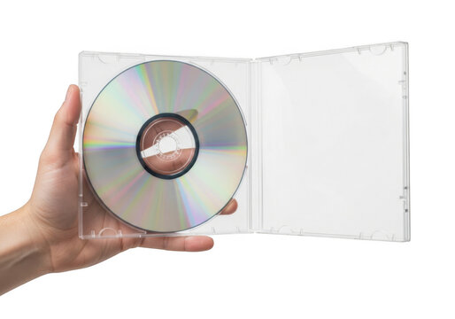 A hand holding a cd in a clear plastic case isolated on transparent background
