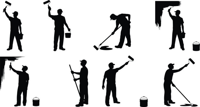 Painter silhouettes, painting work poses, roller bucket actions, flat vector illustration