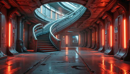 Fototapeta premium Futuristic sci fi spaceship interior empty corridor with winding staircase. Red neon lights illuminate metal walls and floor. Modern architecture creates a sense of deep space transit.