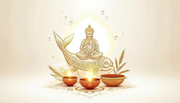 Lord Jhulelal figure sits on fish, symbolizing Sindhi New Year Cheti Chand. Lit diyas and floral decor suggest festive, spiritual celebration and Indian culture.
