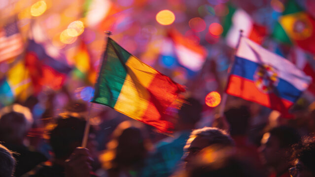 A crowd in a stadium with a blurred effect represents a global football event. Flags of different countries.