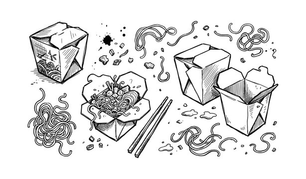 Hand-drawn chinese takeout boxes and noodles sketch with chopsticks