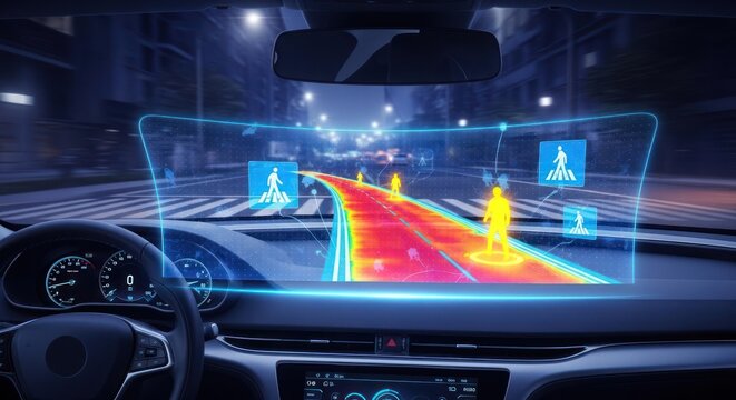 Autonomous car driving at night with driverless system detecting pedestrians with sensors and artificial intelligence on road with city background, safety technology.