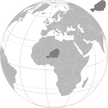World vector map with country boundaries and graticules (Niger-centered view, orthographic projection, PPT-compatible & fully editable)	