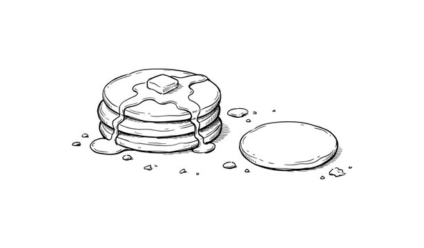 Sketch of pancakes with butter and syrup on a stack with a biscuit on the side