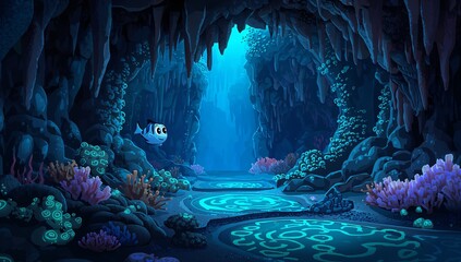 Colorful Underwater Cave with Vibrant Coral and Playful Fish