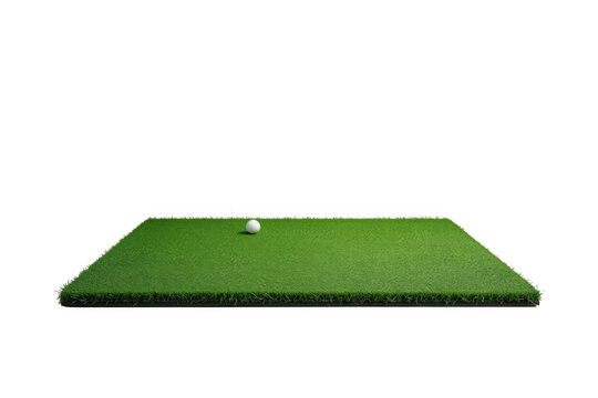 Golf ball resting on green grass turf square