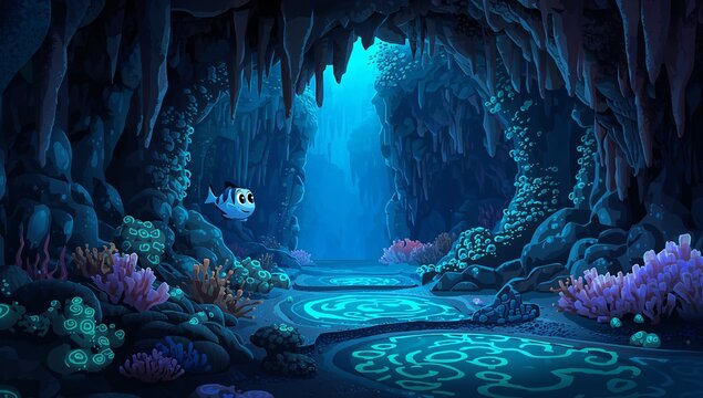 Colorful Underwater Cave with Vibrant Coral and Playful Fish
