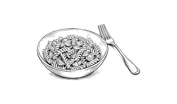 Hand-drawn pasta bowl with rotini and tomato sketch