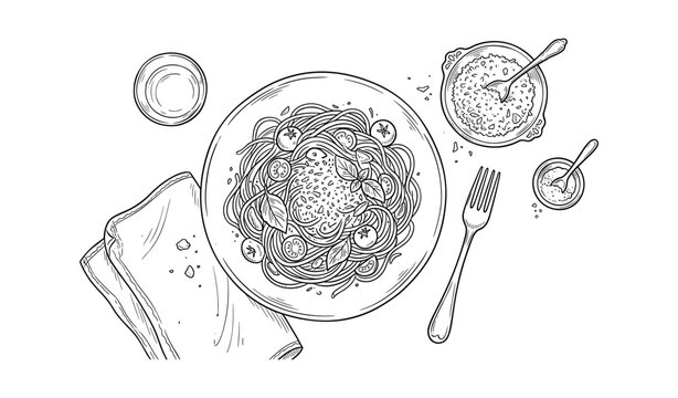 Hand-drawn illustration of italian spaghetti with fork and seasoning on table