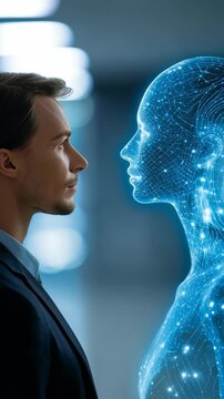 Professional male stands opposite luminous virtual figure, representing advanced AI technology, digital transformation. Highlights connection between humans, intelligent machines