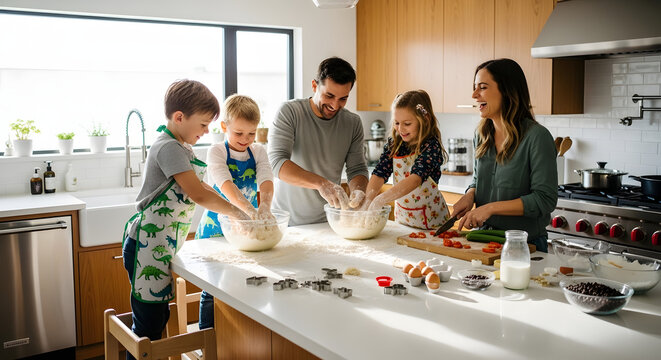 Joyful Family moments in Kitchen: A happy family gathered around a kitchen island, joyfully engaging in cooking activities, fostering warmth and connection.