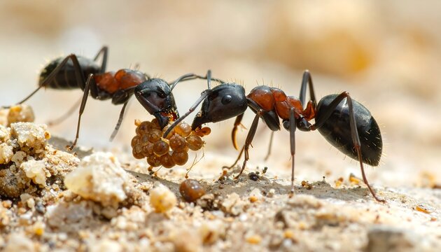Two ants working together to carry food on the ground