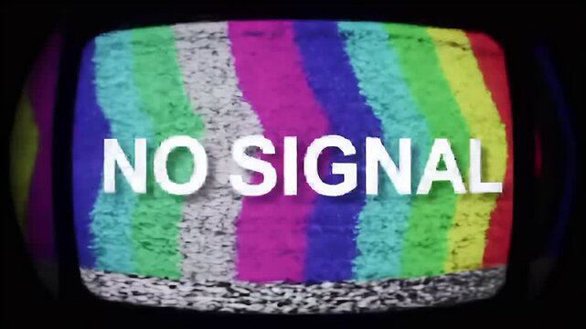 A television screen displays a No Signal message with colorful static stripes.