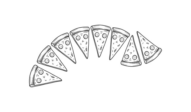 Hand-drawn pizza slices arranged in half-circle pattern
