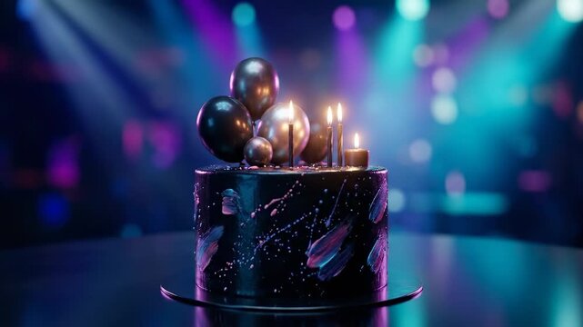 Close view of a marbled black birthday cake with lit candles and reflective metallic balls on a dark plate, illuminated by colorful stage spotlights