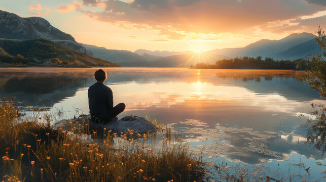 calm lake reflection during sunrise with person sitting quietly near water