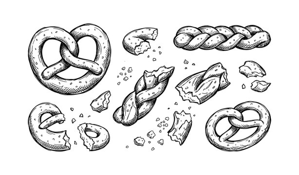 Hand-drawn assorted pretzels and braided bread with crumbs