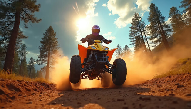 Man rides yellow quad bike kicking up dust on dirt track. Rider wears helmet, speeds through pine forest. Extreme sport, outdoor adventure, fast motion.