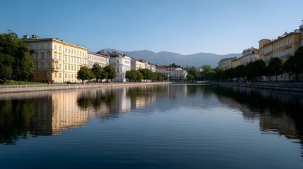 Fototapeta premium Sunlit European city canal reflecting classical buildings trees mountains and clear blue sky