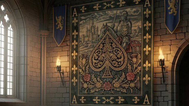 Intricate tapestry of a knight on horseback, adorning the wall of an aged medieval hall interior