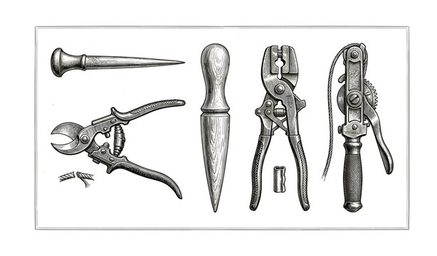 Antique woodworking tools collection with awl, auger, and pliers