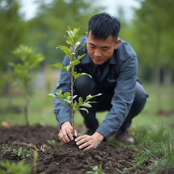 Young man planting tree sapling in soil during spring gardening season
